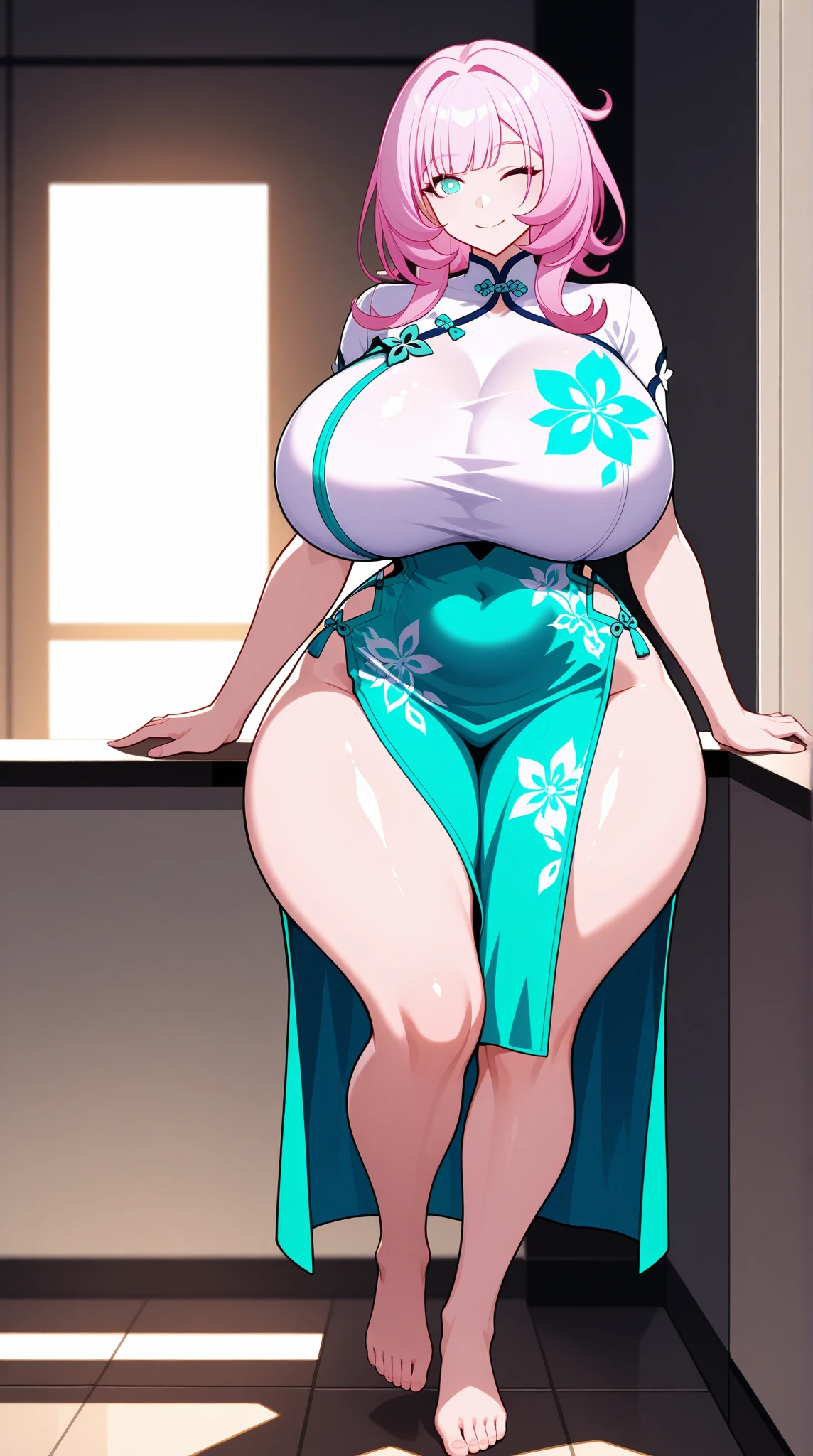 score_9,score_8_up,score_7_up, anime style, clear line, 1mature woman, solo, gilf, old skinny, full body and foot, (old skin) , (58 years old woman) ,ms, She has very long curly white hair. She has emerald eyes with dark eye shadow and beautiful curly eyelashes. Considering her advanced age, her body has changed since her youth. She has cellulite on her butt and upper thighs, stretch marks on her breasts, Montgomery glands, tons of wrinkles. She is very obese, she has huge thick thighs, huge thic.(on bedroom), bare feet, ,