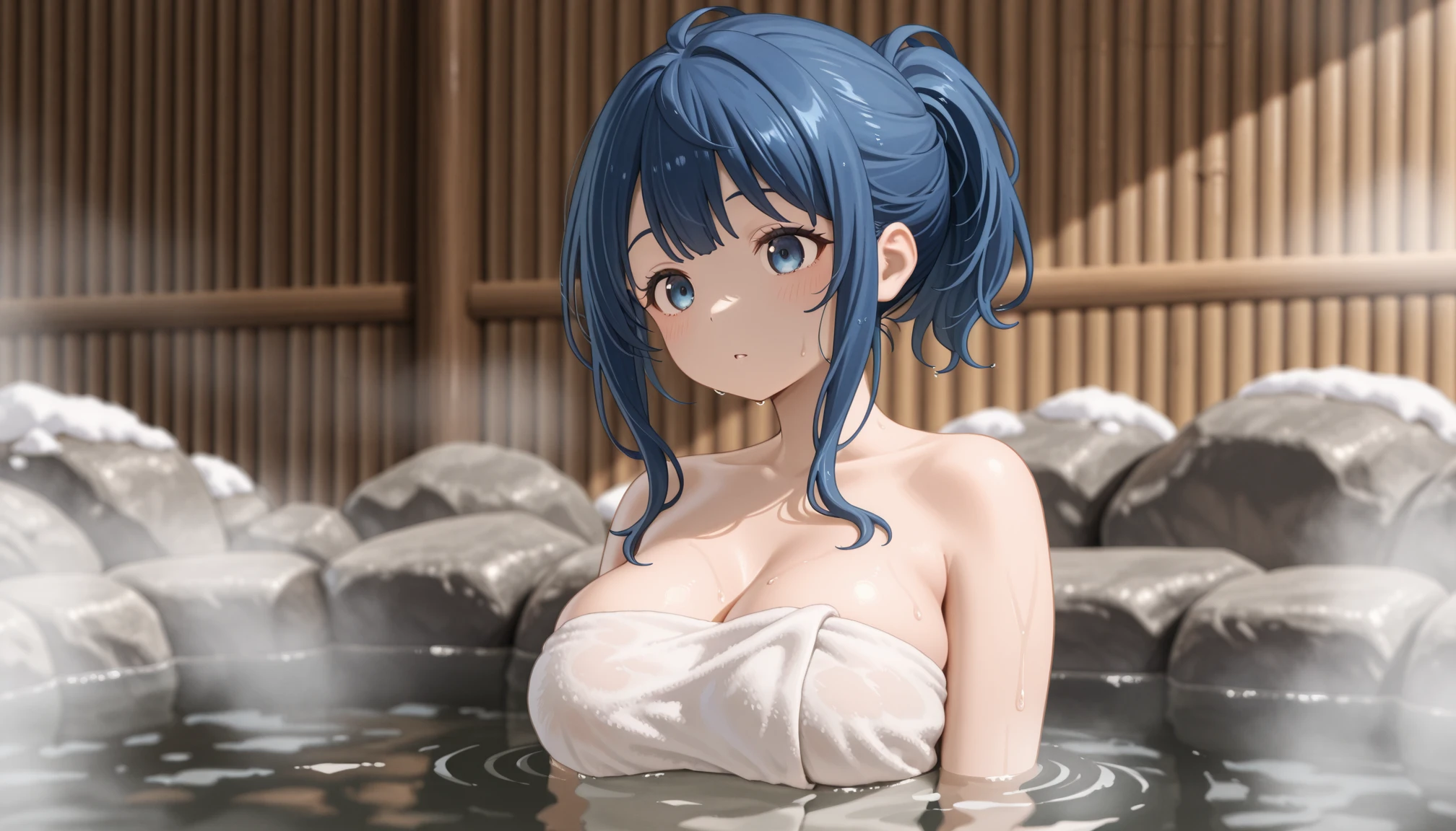 (Masterpiece, BestQuality:1.3), (ultra detailed:1.2), (hyperrealistic:1.3), (RAW photo:1.2), High detail RAW color photo, professional photograph, (Photorealistic:1.4), (realistic:1.4), professional lighting, perfect anatomy, (Big Breasts:1.2), (blush, detailed face), (cheerful Smile:1.5), (Blue Hair:1.5), Trending Hair&Trending Hairカラーをランダムに, earrings, necklace, bracelet, sexly, erotic sexly, Random sexy gravure poses, ((A sexy beauty wrapped in a bath towel smiles while relaxing in a hot spring。Her hair is tied up。In the background, a rock bath with steam rising。: 1.3)