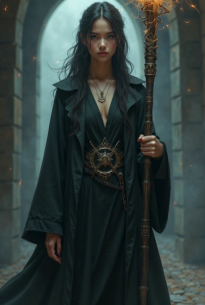 masterpiece, reality, 4k, (medium full shot) of (shadowy necromancer) young woman, brazilian, tan skin, dark Blue eyes, normal build, short hazel layered cut hair, wearing a black hooded cloak with mystical runes, gray layered robe with mystical glow, sturdy necromancer boots, dark eye shadow, intricate tattoos, bone earrings, set in crypt, damp and dark, cold stone walls, flickering torchlight, eerie echoes, woman smiling
