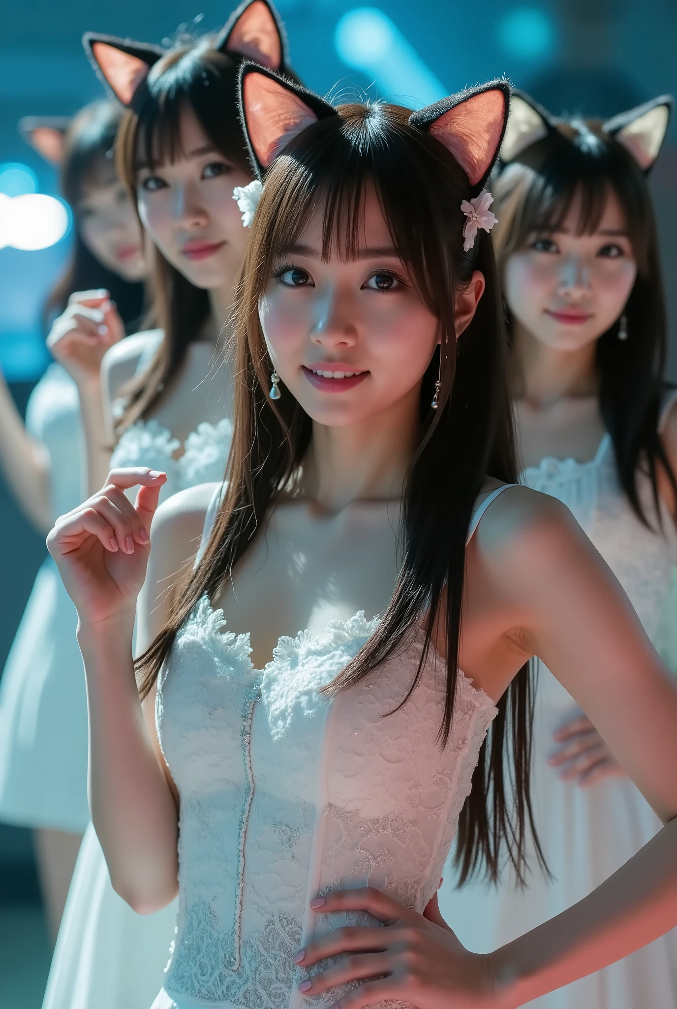 A mesmerizing portrait of a stunning Japanese female idol group, gracefully posed with slender physiques. They wear intricately designed idol group costumes, adorned with delicate textures and shimmering accents, complemented by charming cat ears that add a playful yet elegant touch. The scene unfolds in a dramatic moment from a music video, bathed in cinematic lighting that amplifies emotion, depth, and visual grandeur. Dynamic composition and expressive energy create an immersive experience, capturing the allure and sophistication of idol performance.