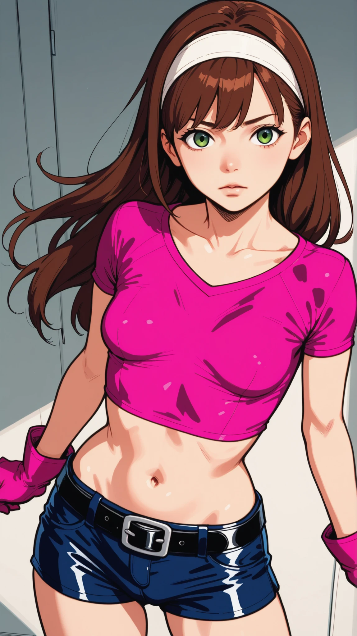 2d cartoon,An anime woman, colored hair ponytail, in yoga class,