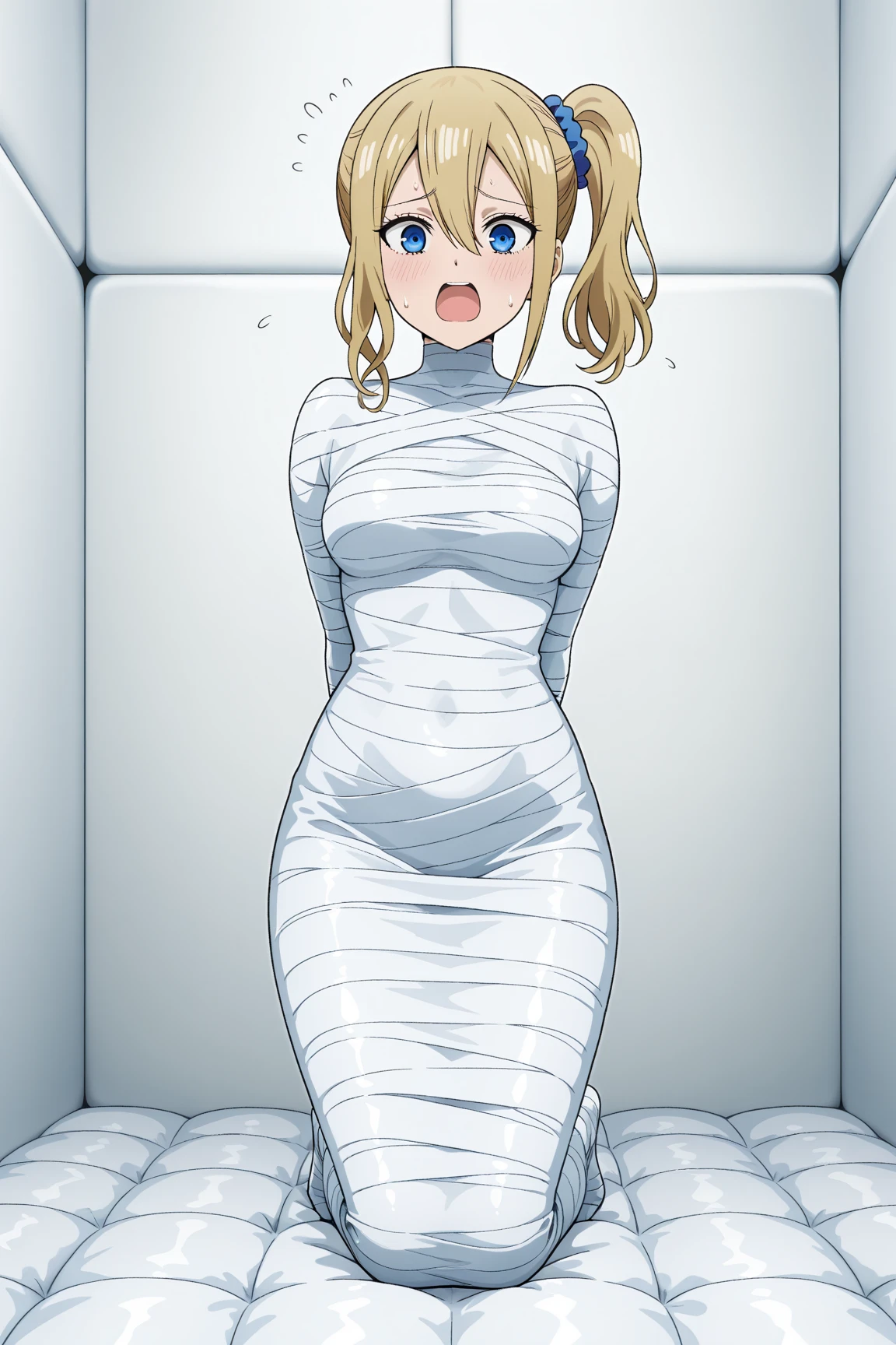 (limbless:1.2), full body,
(8k, best quality, masterpiece:1.2), front lighting,(bokeh:1.2),ultra high res, professional lighting, physically-based rendering,
1girl, (solo), thin,  (beautiful face, beautiful eyes, perfect female figure),
(mummification \(bound\):1.3, bandages:1.3),
mouth closed, shy, embarrassed, medium breasts, medium hair, (indoors),
 <lora:limblessv03-i:0.7> <lora:MummyV2:1>