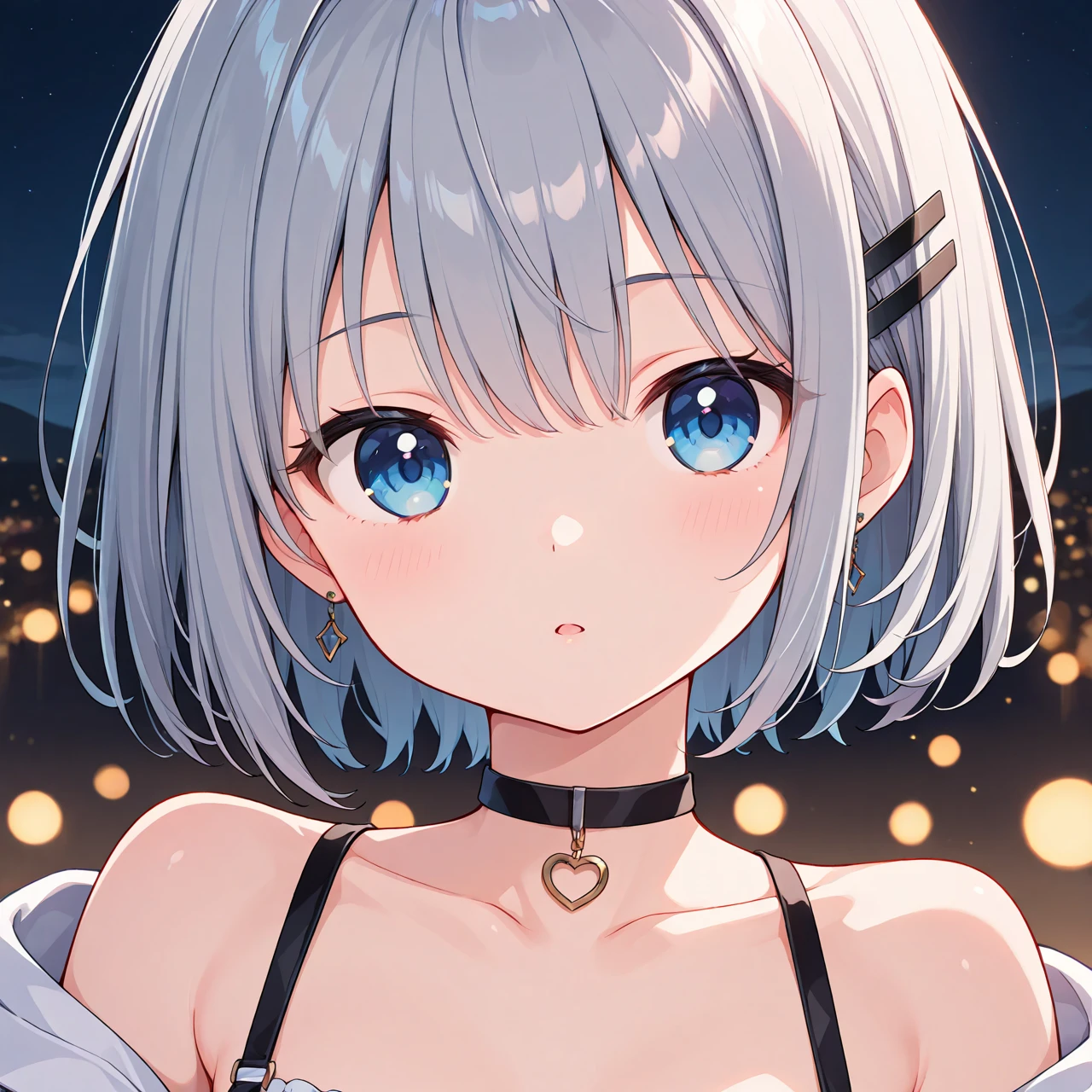 1girl, cute,
short hair, white hair, [blue | green] eyes, glowing eyes, smile, breasts, dress, ahoge, fang, cleavage,
 night, city, street, blurry background, portrait,