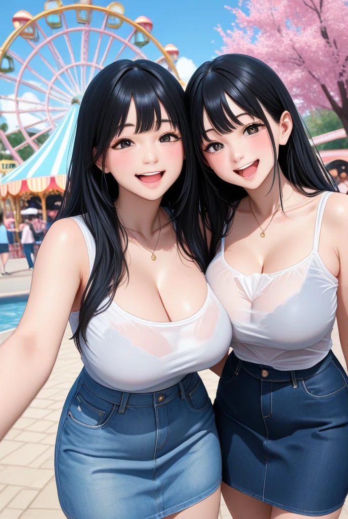 (best quality), big head, (2girl with gigantic breasts:1.3) 2 fat girls are taking a selfie, for the girl in front (wearing a beautiful blue top, has short hair, like a cute and adorable doll, a cute girl, is taking a selfie with her friend, and has Korean descent). For the girl behind him (wearing a pink cardigan and white tank top, blonde hair, happy with her friends, selfie together) UHD, 8k