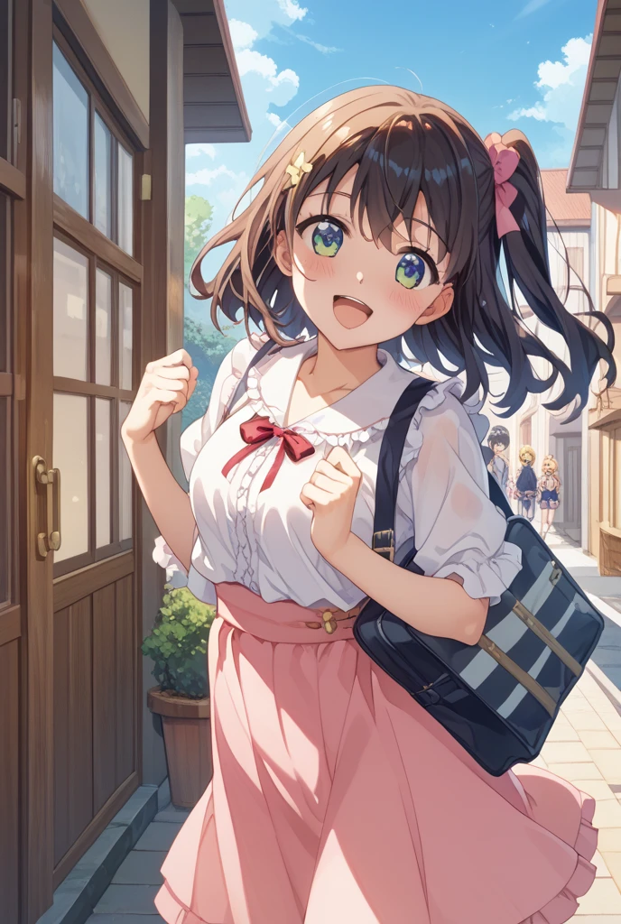 masterpiece, Highest quality, Nico_Yazawa,High resolution, 1 Girl, alone, Brown Hair, short hair, Twin tails、Purple eyes, Cowboy Shot, Frill dress, , Pink Dress, (Cleavage)、(Beautiful thighs)、city, Outdoor, garden, Carrying a red backpack, (randoseru backpack:1.2) Sweaty、Thick thighs、Highest quality、4K、One girl, 8-year-old, change, cute, Grin, 、Micro Skirt、Striped underwear、In the city、Many passersby are surrounding the girl..、、Thick thighs、Confused face、A man holding his penis and girls surrounding him、Semen from the penis、Bukkake、Bukkake、(Bukkake)With projectile、Blowjob
