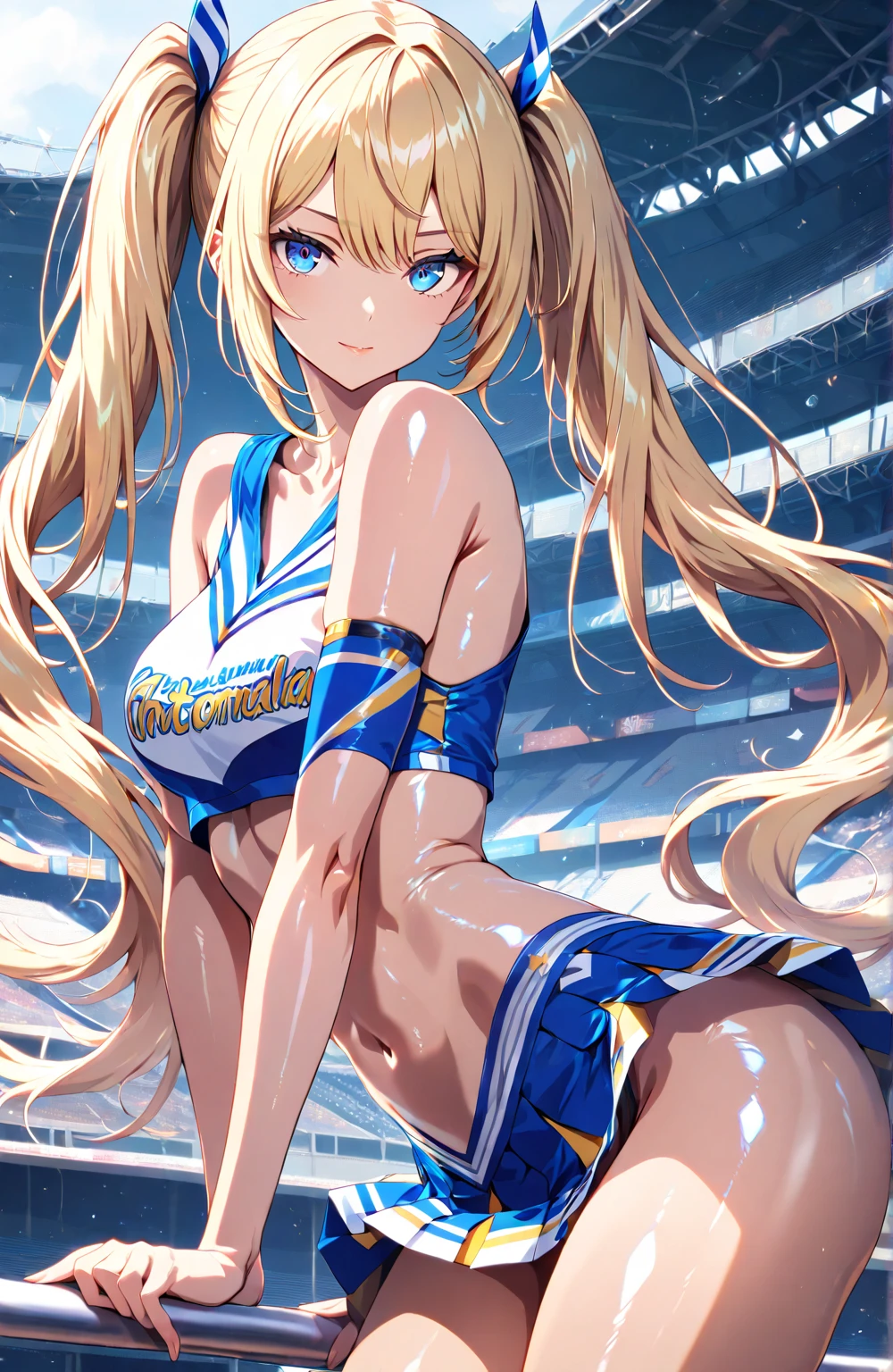 masterpiece, best quality, long hair, medium breast, cleavage, navel, slim legs, morgan fate blonde hair, stage, cheerleader, happy, short skirt