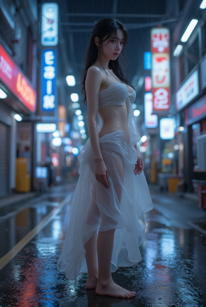 1 woman standing in the rain completely wet wearing a long baggy strapless dress totally wet from the rain., long hair. Nice detailed face, big eyes. slim sensual body. high heels shoes. Cyberpunk city raining. Whole body. (1 woman). dynamic pose. real details. realistic. film photography.