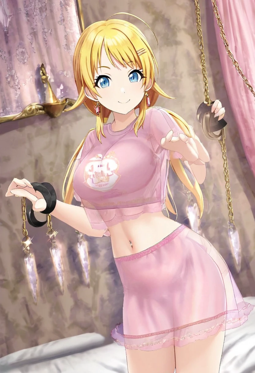 nude Hachimiya Meguru with blue eyes, blonde hair and with very large breasts and a very thin waist in a pink see-through t-shirt, short pink wee-through skirt and twintails standing with a puffed up chest and arched back, smiling while looking at the viewer. She is standing in front of a bed covered in pillows in a palace bedroom. She wears a jewel navel piercing, and long golden chain earrings. Prison shackles is hanging from the wall.