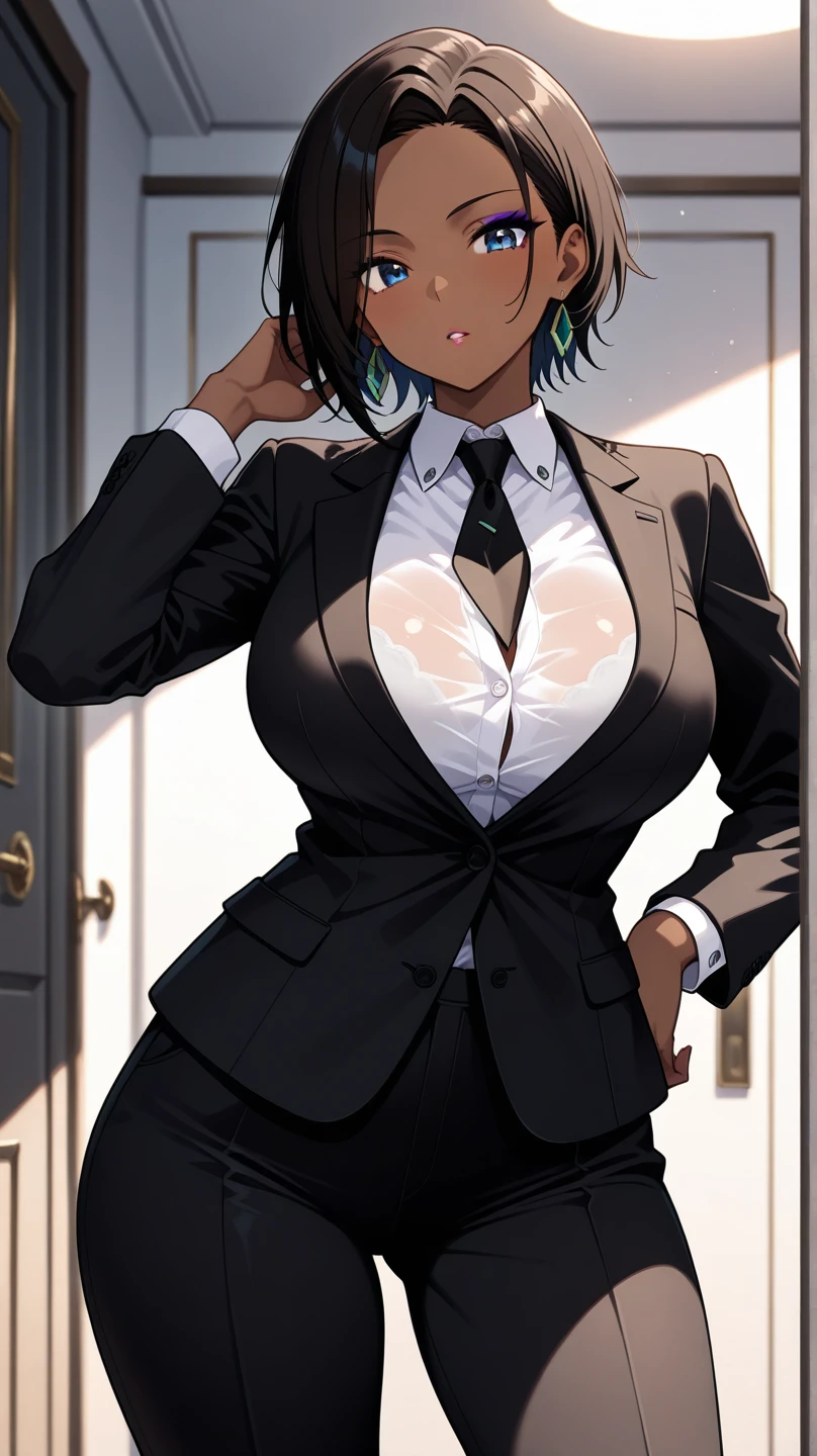 One Woman, Black short hair,smile,black eye,Jacket,Black trousers,Earrings,Big Breasts,Squint your eyes,office,
Looking at the audience,
Highest quality, High resolution, unity 8k wallpaper, Perfect lighting