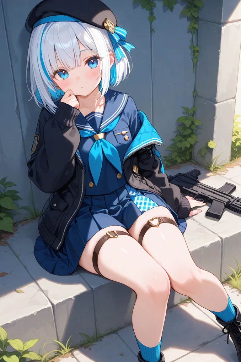 saki (blue archive),blue eyes,purple hair,short hair,halo,sailor collar,serafuku,pleated skirt,gloves,helmet,fake animal ears, boots,knee pads
