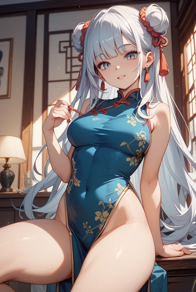 top-quality、realistic touch,high-detail、photoRealstic、long body、thin-waist、captive beauty、big eye、Strong platinum blonde eyelashes、platinum-blond、full body Esbian、Sparkling eyes、Submissive smile、Flushed cheeks、Kamimei、thin-waist、Voluptuous thighs、Enraptured look、Raked bangs、The forehead is protruding、Tight chinese dress、sleeveless、Inside a room、She isn't not wearing panties、wide slit in clothing、14 years old girl、seduce me with a sexy pose