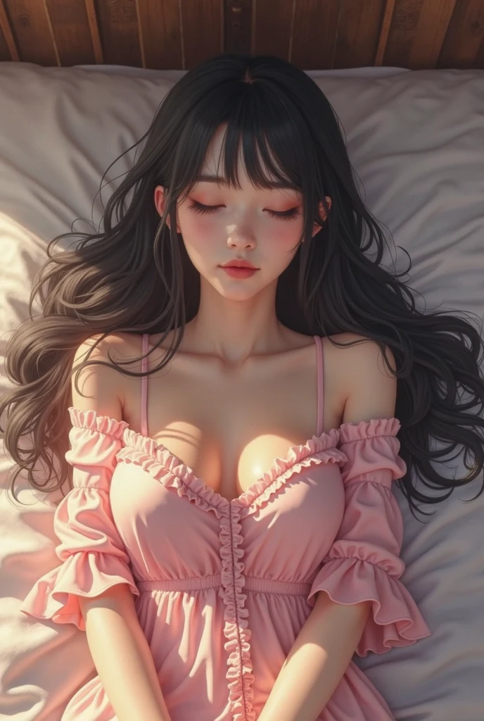 An intimate photorealistic portrayal of a stunning woman, peacefully sleeping supine inside a vintage van during the midnight hours. The intricacies of her sleeping position are brought to life, emphasizing the soft curves of her body and the tranquility that envelops her. Surrounding her within the cozy confines of the van, elements such as the worn leather seats and the control panel illuminated by the soft glow of the dashboard add to the atmosphere. Heavy raindrops pelt against the windshield, painting the van's exterior with each droplet as the soothing patter creates a calming symphony. The droplets roll down the window, cascading to the