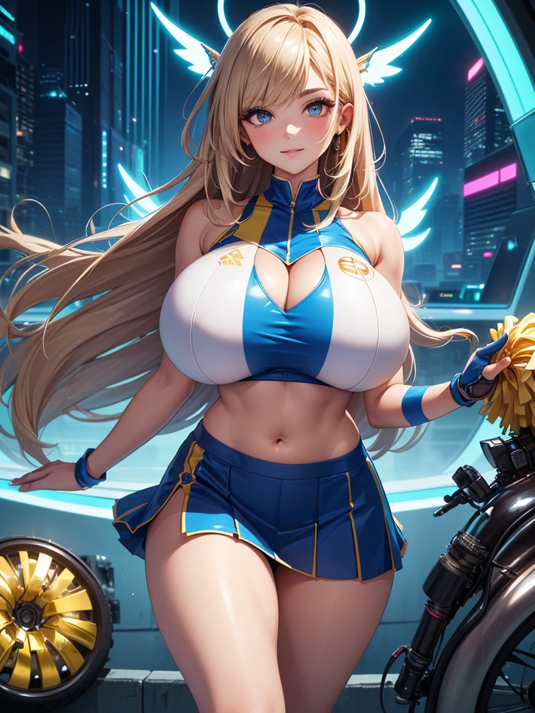 woman,14 years old,,city,night,(((white and blue tight miniskirt bodysuit))),,open mouth smile((See-through))glasses,((beautiful long ponytail)),((Baby girl body shape))((blonde))
