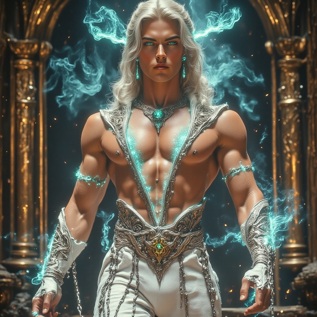 "An image of the Winter God, a formidable and majestic deity standing in the heart of the Amazon rainforest at night, during the winter season. His skin is a tropical Latin tone, glowing faintly under the cool light of the moon. His presence is powerful and otherworldly, blending the primal strength of a jungle warrior with the mystique of a divine being. His hair is stark white, cut in a precise bowl cut that frames his intense, piercing eyes. The contrast between his dark skin and his bright white hair creates a striking and ethereal appearance. The Winter God wears a minimalistic tanga in the style of Tarzan, made from tough, woven fibers, adorned with small, icy blue crystals that shimmer faintly in the moonlight. Draped over his broad shoulders is a magnificent cape or cloak made from the vibrant blue feathers of an arara, flowing down his back like a cascade of frozen water. The feathers reflect the cold moonlight, giving them an almost metallic sheen. The cape’s edges are lined with white frost, emphasizing the coldness that surrounds him.
His muscular chest and arms are bare, showcasing intricate tribal tattoos that spiral across his torso, arms, and back, symbolizing the cycle of life, death, and renewal. Around his neck, he wears a necklace made of jaguar teeth and frosty beads, which clink softly as he moves. His wrists and ankles are adorned with bracelets of woven vines, decorated with sharp icicles that give off a faint glow. In one hand, he holds a long spear tipped with a crystal of pure ice, glistening in the darkness, while his other hand is raised slightly, as if commanding the cold winds around him.The Winter God is captured in an epic pose, standing tall and proud, with one foot forward, as if he’s stepping toward the viewer. His gaze is direct and intense, meeting the viewer’s eyes with an expression of calm dominance and unwavering power. His white hair flows slightly in the night breeze, adding to his imposing presence. The close-up, THE BOWL