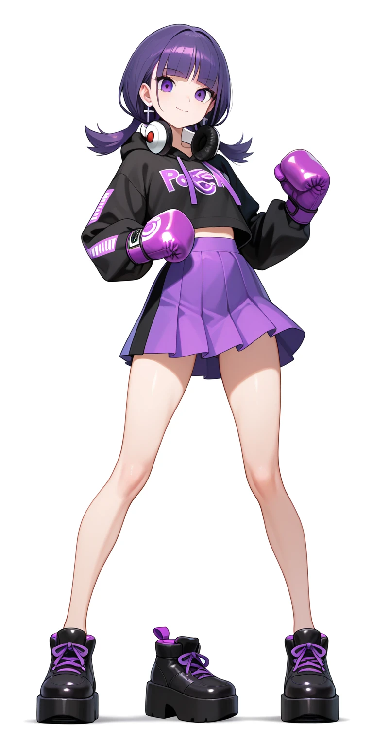 (masterpiece, best quality), 1girl, full body, ((two tone purple hair, short, flowing)), looking at viewer, concrete rubble background, contemporary, ((black and white mini shirt with tartan print and design)), long sleeve leather jacket, hoodie, tube top with mesh, brilliant purple eyes, an aura of dark energy surrounds her whole body, melancholy, determined, action, calf-high biker boots, fishnet stockings