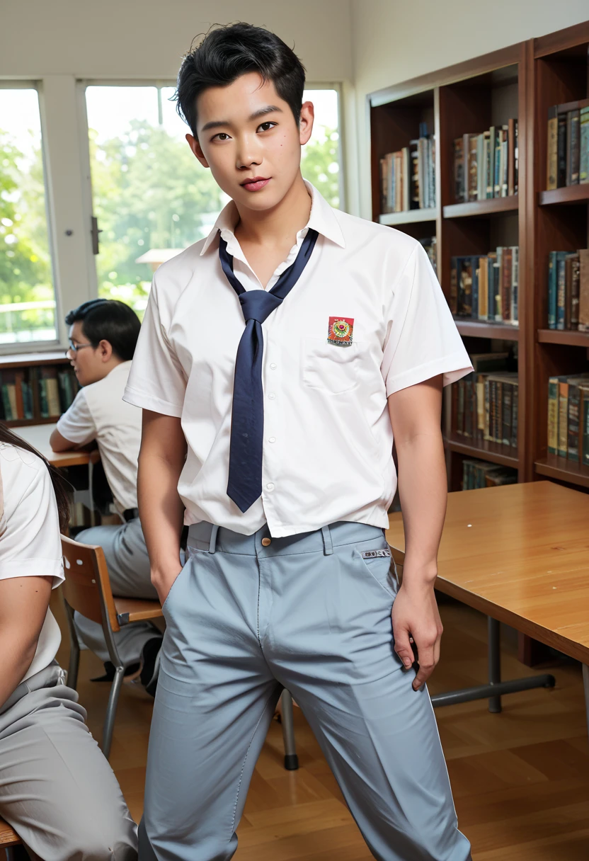 Teenage Korean boy, comma hair, sharp eyes, handsome, classroom,desk, skinny fat body , muscleless, shirtless, bikini underwear, friends in blur background student uniforms