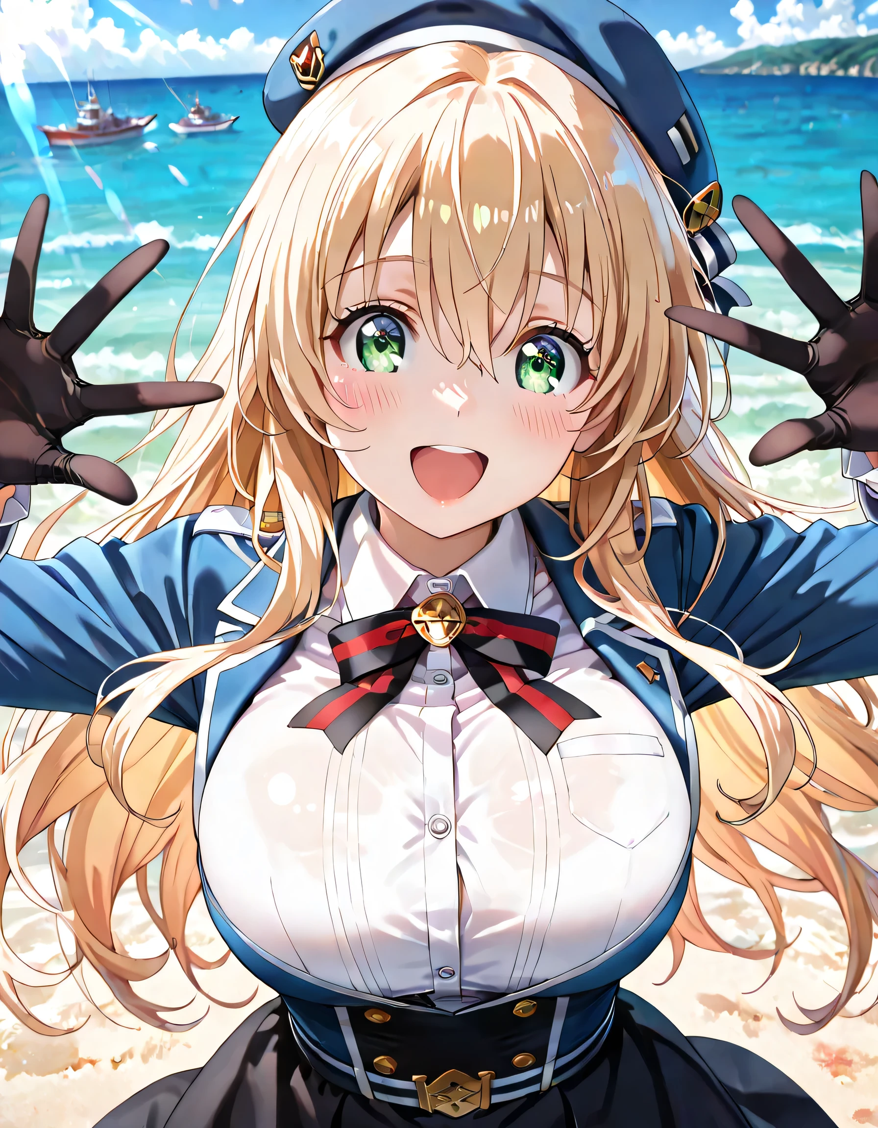 ((ultra-detailed)), (highly detailed CG illustration), (best quality:1.2), ultra-highly detailed, colorful composition, artistic photoshoot, 1girl, solo focus, (upper body:1.4), moe anime character, girl, dainty facial structure, round face, rounded chin:1.2, ideal ratio body proportions, atagokc, blonde, green eyes, long hair, bangs, hair between eyes, big breasts, blue hat, beret, thick thighs atagodefkc, blue military uniform skirt, ascott, blue jacket, black skirt, maxi skirt, black pantyhose, blue shoes, black gloves, smile:1.3, happy:1.3, cry with joy:1.4, blush:1.3, open mouth:1.2, spread arms:1.3, standing on the Battle ship:1.3, Battle ship background, ocean, Beautiful sky, from front, dynamic pose:1.3, contrapposto pose, best quality, expecting, pink cheek, blush, light pink gloss slip, portrait, depth of field, sparkling sunlight, lighting, backlighting, shine, lighting, caustics, ray tracing, perfect face, lustrous skin, highly detailed face, highly detailed eyes, perfect face, perfect nose, perfect hair, perfect eyes, perfect anatomy, beautiful hair, beautiful small face, extremely detailed face, beautiful detailed eyes, beautiful clavicle, beautiful body, beautiful breasts, leavage, breasts squeezed together, equalize the size of the left and right breasts, beautiful thin thighs, beautiful legs, beautiful fingers, (4 fingers), 1 thumb, lovely, (very detailed background:1.0), (highly detailed background:1.0), summer aesthetic, intricate details, festival atmosphere, summer colors palette, chromatic aberration
