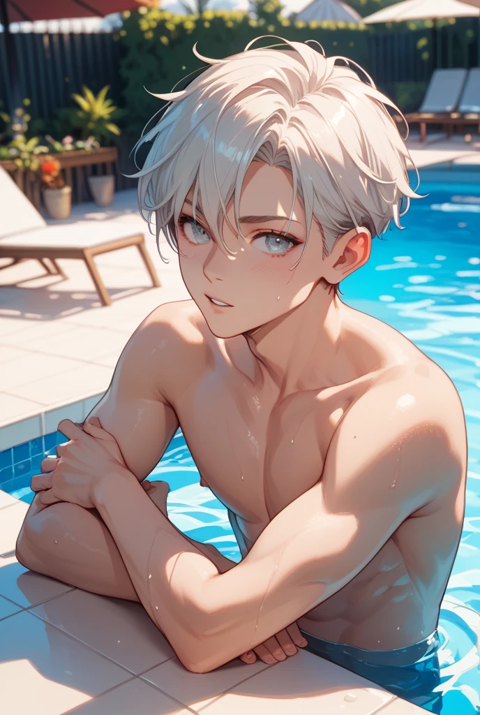 (absurdres, highres, ultra detailed, HDR), masterpiece, best quality, a boy, 10 yo, solo, handsome, short hair,spiky hair, white hair, blue eye, finely eye and detailed face, real shadow, topless, full body, white towel around his waist, home style muji, on bathtub, mood alone