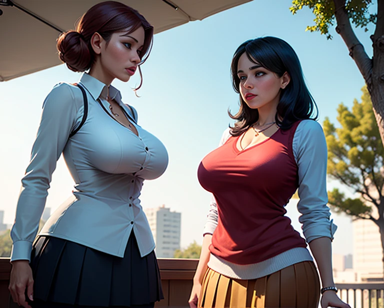 Kindergarten teacher with giant breasts teaching her students wearing a small red bra
