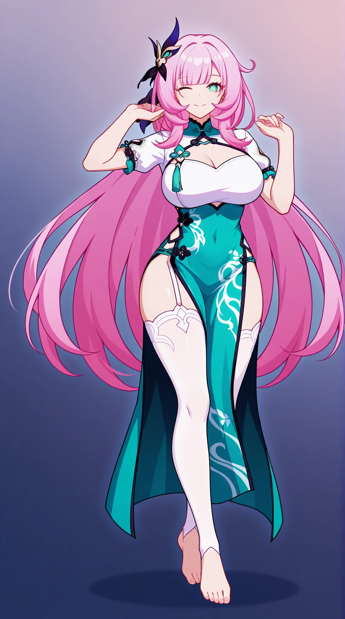 Figure, sorcerer, sexy pose, big breasts, big ass, iridescent pink sexy dress, pink air