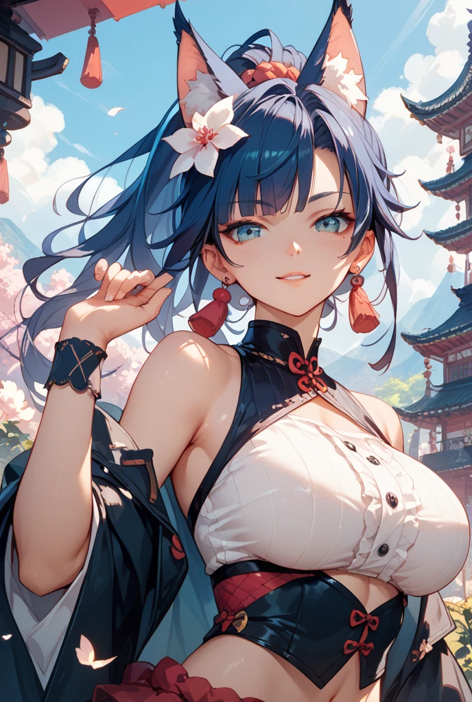 best quality, masterpiece, highres, solo, {yukata:1.40}, {kimono:1.20}, {st_louis_azurlane:1.15}, blue_hair, bangs, sidelocks, breasts, large_breasts, side_ponytail, blush, long_hair, cleavage, purple_eyes, hair_ornament, smile, hair_between_eyes, jewelry, pink_eyes