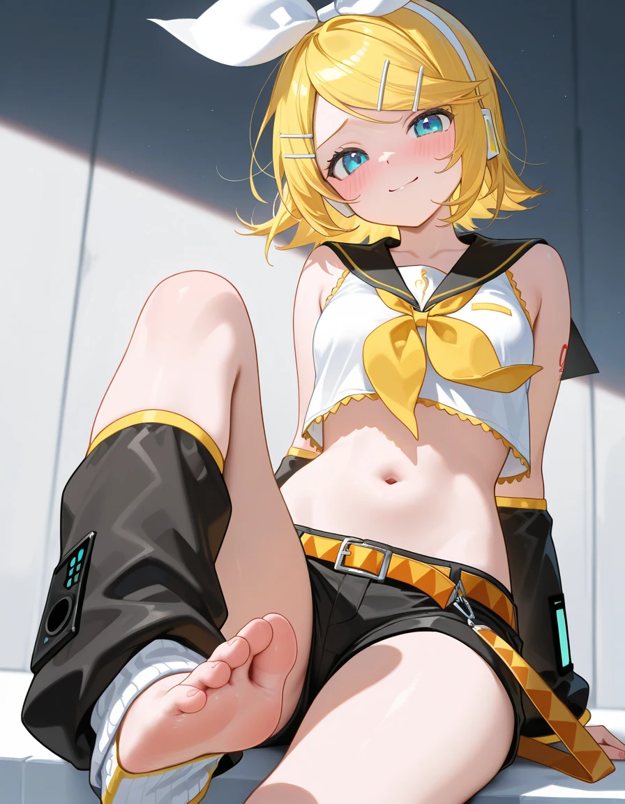 best quality ,masterpiece, 1girl, Kagamine rin , hair ribbon, bow, white shirt, sailor collar, no shorts, no pants, no skirt, fine detailed shiny eyes, flat chest, highres, wallpaper, 8k, best lighting, extremely detailed illustrations, blush, embarrassed, smile, open mouth, ((realistic striped yellow panties)), crotch seam, ((pantyshot)), cameltoe, wet panties, White background , nsfw, loli, sitting, holding knees, dynamic angle,
