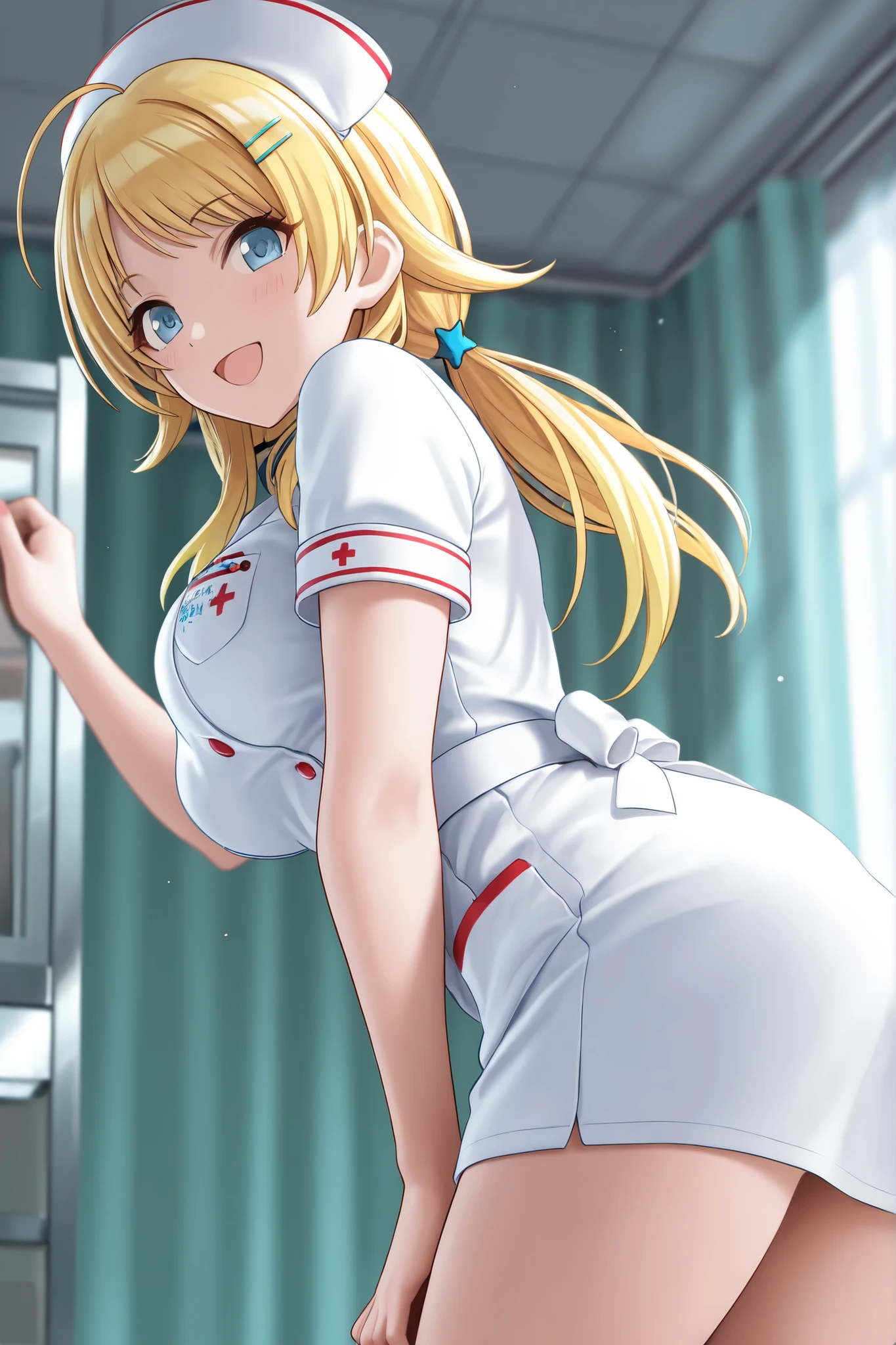 pretty girl, Mature Woman, erotic, (nurse), Blonde Hair, (Wavy Hair), Wicked Smile, Curvy, nurse cap, nurse uniform, Open clothes, skirt, White knee socks, (Leaning forward:1.2), View Viewer, hospital, Medical equipment, Bokeh, Film Grain, (From below), Epi C Photo