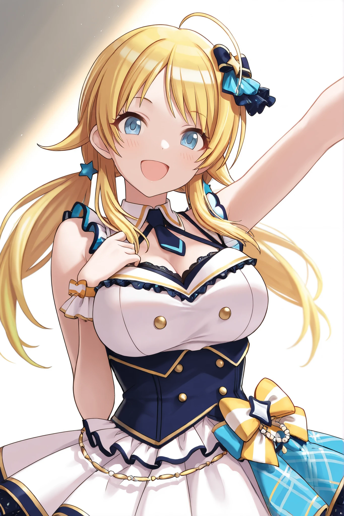 (masterpiece, best quality:1.2), 1girl, solo, blond hair, blue hairband, blue hair ribbon on the left, white-blue bra, black gloves, knight skirt, gray background