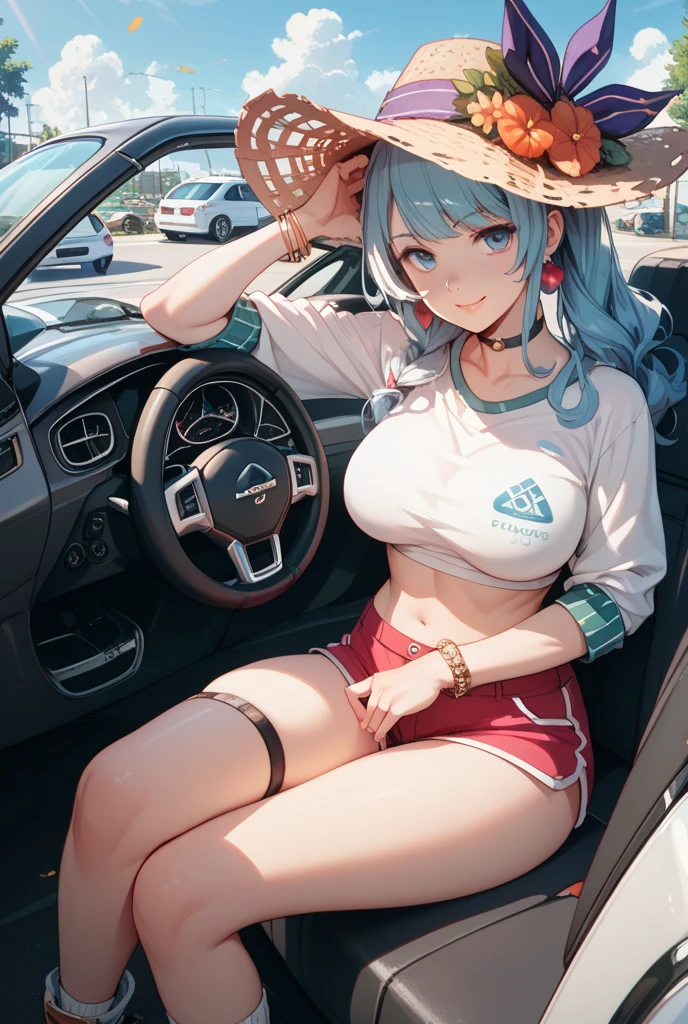 (masterpiece, best quality), 1 elven girl, ( bear breasts, thigh), (light blue hair, twin tails ,very long hair is fluttering in the wind), hair between eyes, multi colored hair,hair flower ornament ,(blush, smile, aqua eyes), open mouth, elf dress,
((((undone clothing)))), (Open the front of the dreaa chest very wide), large breasts, pointed ears, look from the side , (Cruising the highway in a car ) , (color of the car is white), ( the car has 2 seats), (the car has no roof), (passenger seat is left side in the car), (seating in the left seat in the car), Palm trees line the shoreline
