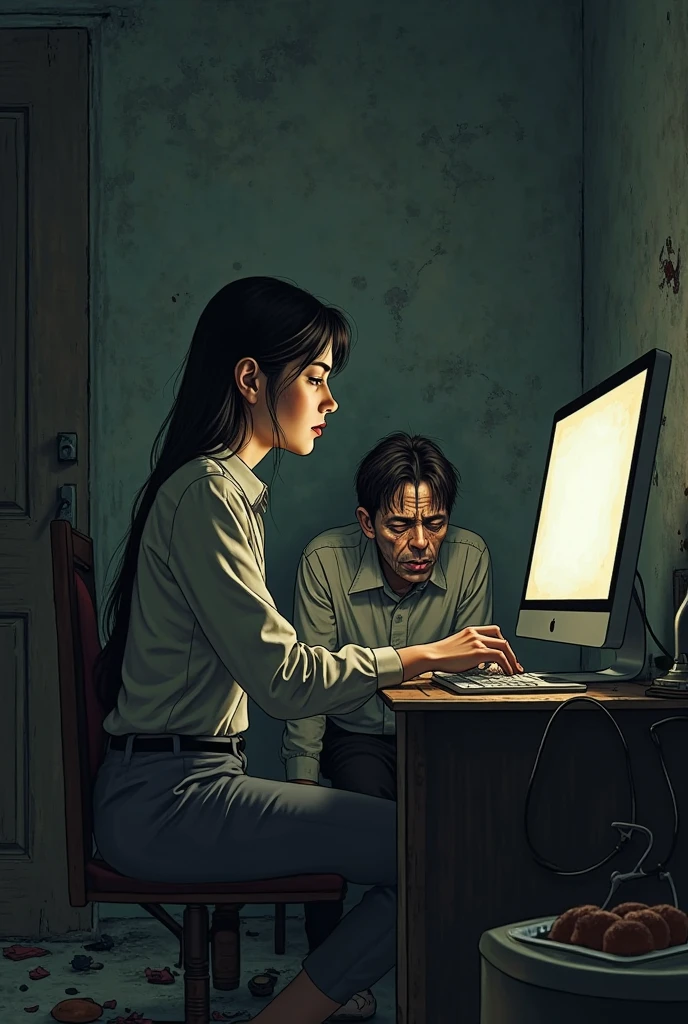 The man in his 55s with black very short hair and smooth face with moustache. The woman in her 55s with brown wavy long hair. In the retro office. Night, dark, dim. The man is wearing unbuttoned light blue shirt. The woman is wearing floral red dress. Doggy sex. The man is pulling the woman's hair. The woman is moaning. Orgasm. Passion. Erotic. Ultra realistic.