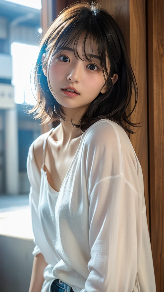 masterpiece, best quality, ultra high resolution (realism: 1.4), original photo, 35mm lens., F1 aperture.4, movie poster, light and shadow, female, a white cardigan, naked cardigan, long black hair, real skin, (skin detail: 1.3),