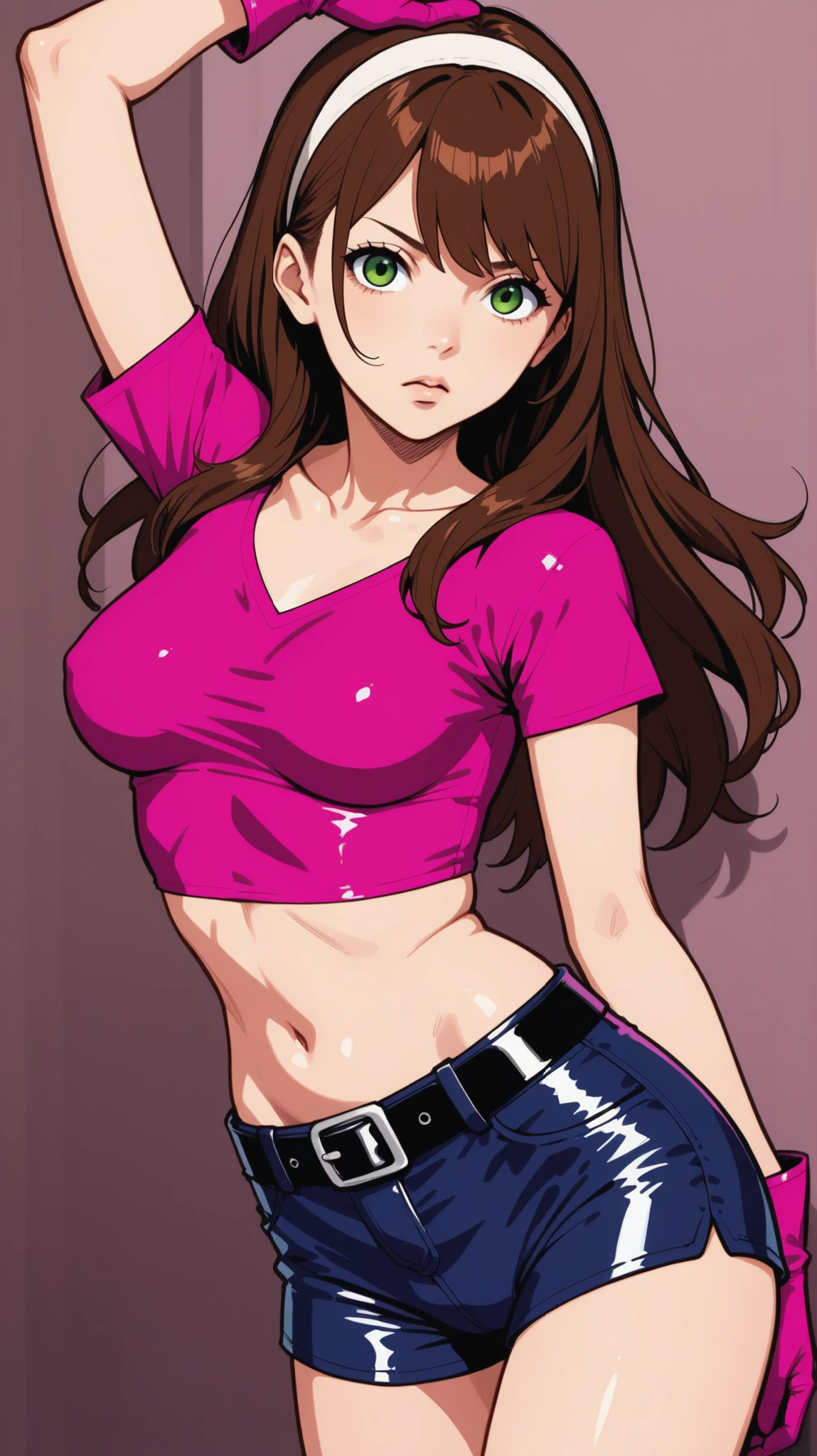 ((best quality)), ((highly detailed)), masterpiece, detailed face, beautiful face, (detailed eyes, deep eyes), (1girl), smug look, NeoRWBY, heterochromia, brown eyes, pink eyes, multicolored hair, brown hair, pink hair, long hair, mischievous , smirk, large breasts, cleavage, cowboy shot, pink and white tank top, curvy hips, thigh gap, no underwear, pubic hair , from above