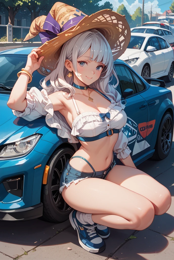 Browsing Caution (Highest quality:1.5, High resolution, 超High resolution, 4K, Detailed lighting, Shaders)(masterpiece:1.2), Very detailed, Illyasviel von Einzbern {{Red colored eyes}}++ alone, Cowboy Shot,Long Hair, Gray Hair, Red eyes, White tank top Denim shorts M-shaped foot sneer Beautiful beaches Realistic sun rays topless Completely naked Please roll up your shirt Sweat Outdoor ((night)) Starry Sky