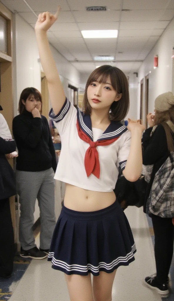 Woman in classroom, ((white crop top sailor suit)), blue student skirts, open navel, open belly, (show abdomen area), ((((put arms on the table)))), crying , ((ready for spanking))