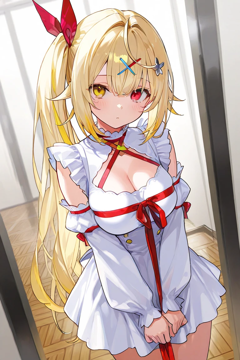 (nurse girl:1.2), (1 person:1.2),(10 year old girl)、young girl、big breasts、 nffsw、shader、highly detailed eyes、nurse costume(light pink nurse uniform、private server、silk gloves、mini skirt)、long straight hair、underride 、blonde、silky hair、super complex pupil of the eye、highest quality、bright colors、bust 100、game portrait、stirring composition、Composition looking up from below、Lift your with your hands、Pose that emphasizes the chest、fold your arms、grinning expression、eyes half closed、open your mouth、fold your hands behind your back、Hide your hands、evil smile、whole body、beautiful