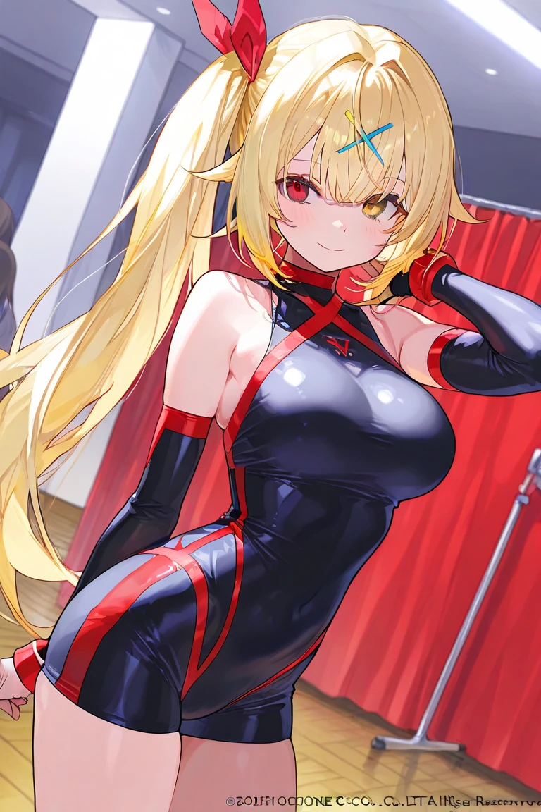 Young girl, long blonde hair, cyan eyes, red ninja shape, inner sideboob, dragon, smirk, masterpiece, high quality