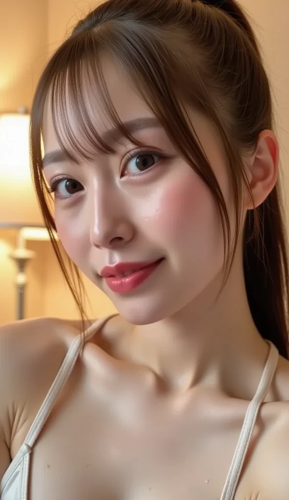 masterpiece、Highest quality、High resolution、Tabletop、wallpaper、Realistic、Bright lighting、Professional Lighting、Face Light、Smooth lighting、Japanese women、Adult、Beautiful woman、action、gravure、sexy、poor、so beautiful、Beautiful Skin、Beautiful and detailed、Detailed face、slim、moderately、short hair、Brunette Hair、Brown eyes、Looking at the camera、have a banana、Big Breasts、Cleavage