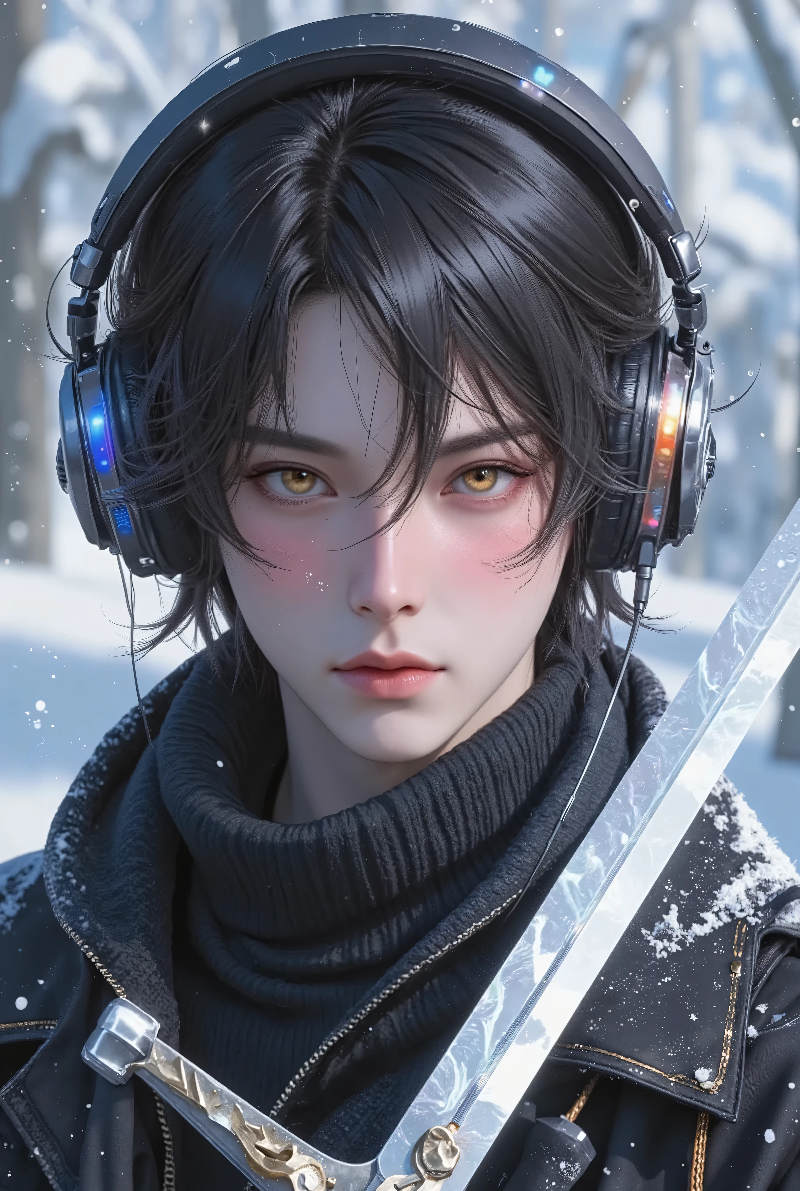 commercial Product、Hi-Tech Headphones, Sci Fi Future Headphones, (Top Quality, 8K, Masterpiece: 1.3)), Sharp Focus: 1.2, (Young male, handsome, One Bangs Cover Right Eyes, Tied-Back hair, Medium hair, jfcut, Gold Amber Eyes, Flawless Eyes, ((Multicolour hair : Black and Silver)), freckles ,male focus, handsome man, thickly painted, semi-realistic art, semi-realistic art style, Wearing Headphones, Wearing Snowboarding Coat, Standing, Snowy Place, Holding Holy Sword.