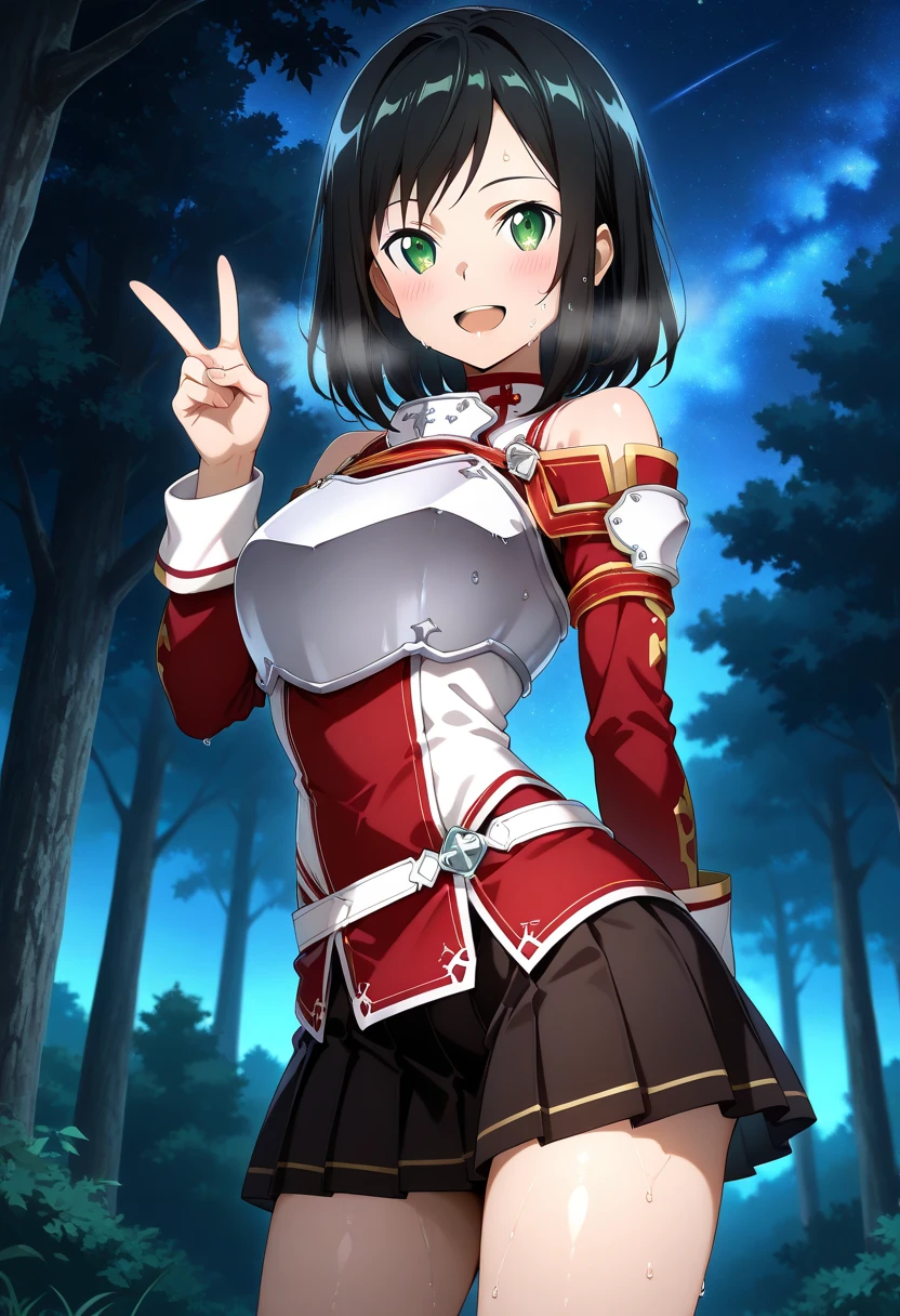 1girl, skirt, young girl, solo, purple eyes, elongated fur ears, outdoors, day, pleated skirt, long hair, shirt, necktie, vest, thighhighs, bangs, black necktie, building, closed mouth, white shirt, green vest, collared shirt, blush, looking at viewer, extra ears, cape, red cape, animal ear fluff, blunt bangs, sky