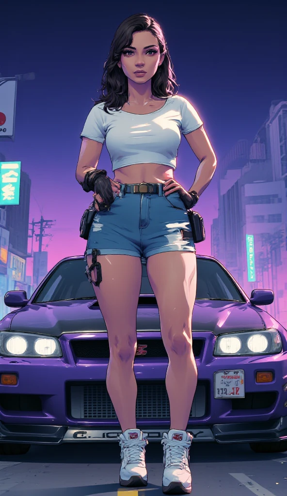 1girl, solo, fade_valorant, sitting in a car, ferrari, full body shot, white shirt, black white multicolored hair, two-tone hair, long hair, detailed_eyes, detailed face, scar one nose, lip piercing, neck tattoo from a bear paw, bear paw neckk tattoo how fade in the Video game Valorant, makeup, perfect body, neckline, cleavage, flat belly, no abs, no abs, no abs, dark fingernails, detailed, look at viewer, (8k Masterpiece) (realistic)