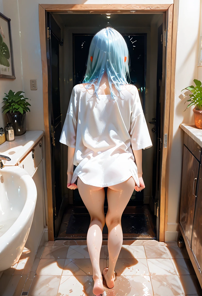 White silk hot spring cat ear girl long legs jade feet,Pink miniskirt,long whitr hair,hair messy,Wide buttock,turning around,The large,Blushlush,,wetted skin