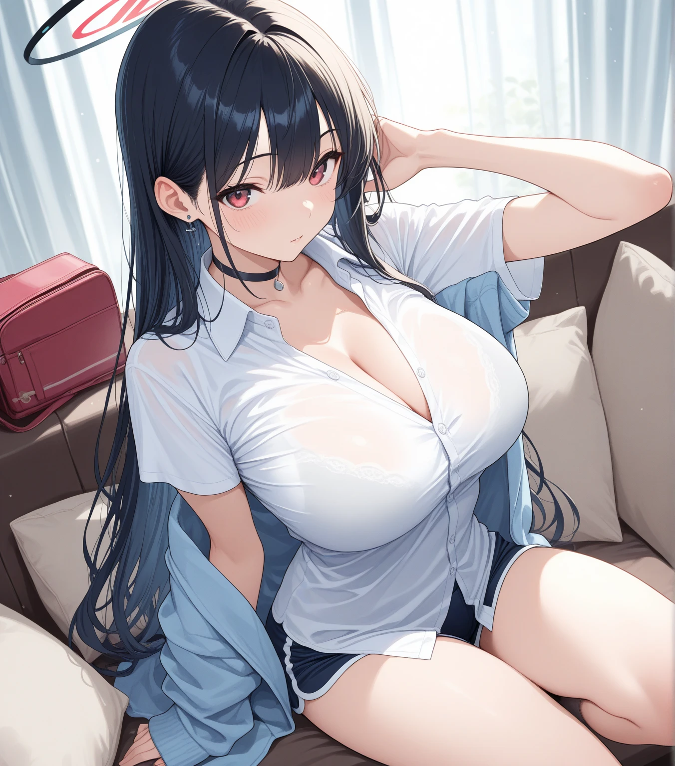 (masterpiece, best quality, 1girl, long black hair, big breasts, shy expression, wearing boyfriend's shirt, sitting on bed)