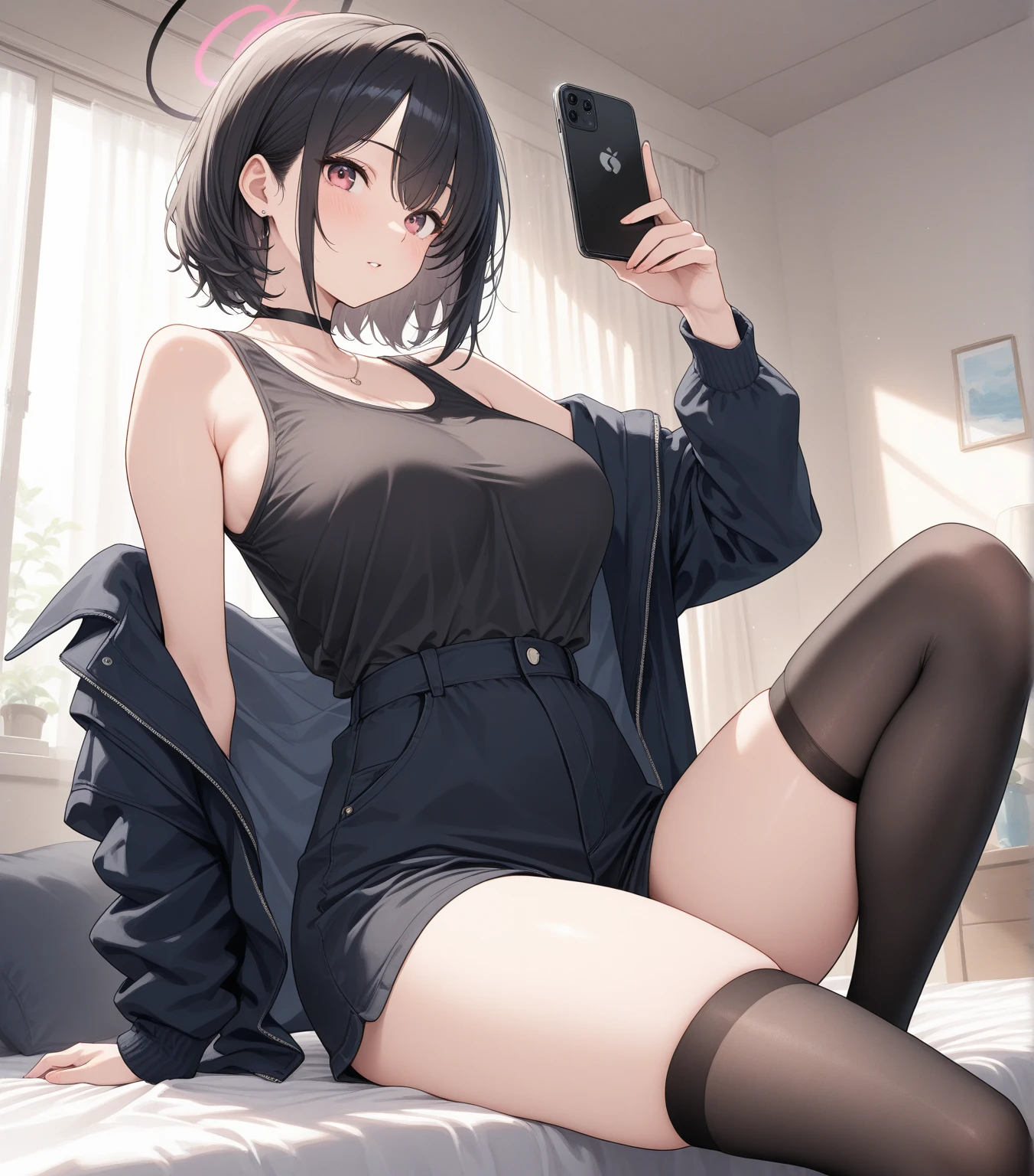 holding smartphone in front of covering face, sexy bra, pantie, navel, (((white background))), huge breasts, on floor, m legs, spread legs,
thong,
