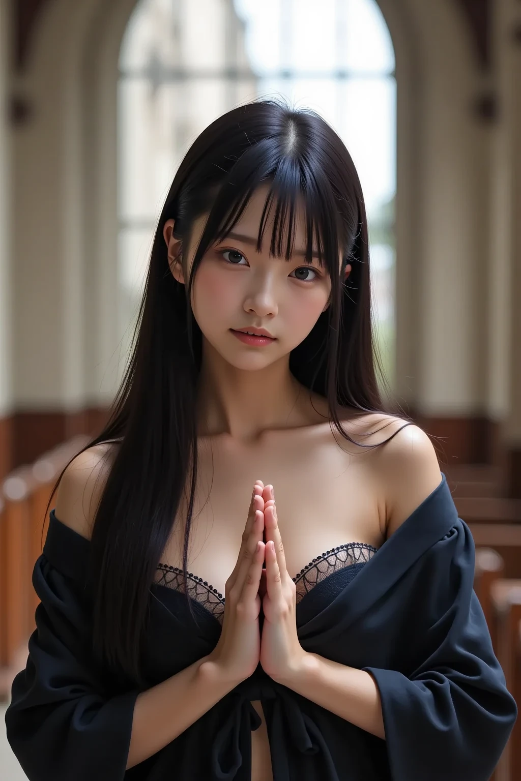 ultra best quality、in 8K、masuter piece、delicate illustration)、(Deities々Shikai:1.2)、((Japanese female priest with medium breasts and very young child of 9 years old))、very thin body、very thin waist、Priest'dress raid hairstyle、((very short stature))、((Church priest's flashy white lewd dress))、raid hairstyle、drooping bangs、Medium Long Hair、Cross Necklace、((right in front of the girl:1.4))、A big smile when looking at the camera、(Church altar)、(((A very young child of 9 years old with a big smile and medium breasts spreads her legs wide on the church altar and seduces her followers.)))、(((Smiling very erotic and showing her sexy panties that are too small)))、(((A girl who loves to spread her legs very wide and show off her pussy line.)))、(NSFW)、