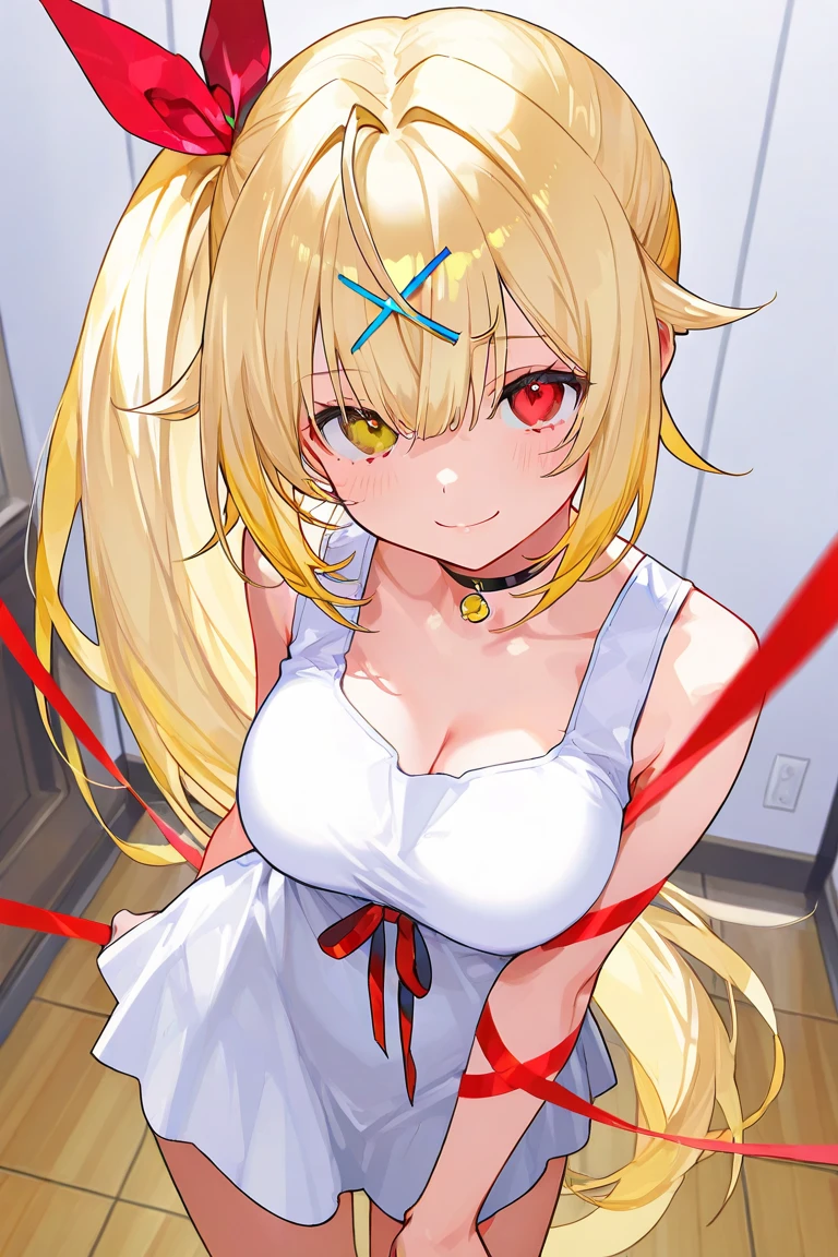 RED_Ribbon_on_HAIR_band,warm light, from below, upper body, ((cute girl, baby face, slender, Blonde hair, red eyes)), cleavage, collarbone, large breast, naked_overalls, no expression, half closed eyes, hands between legs