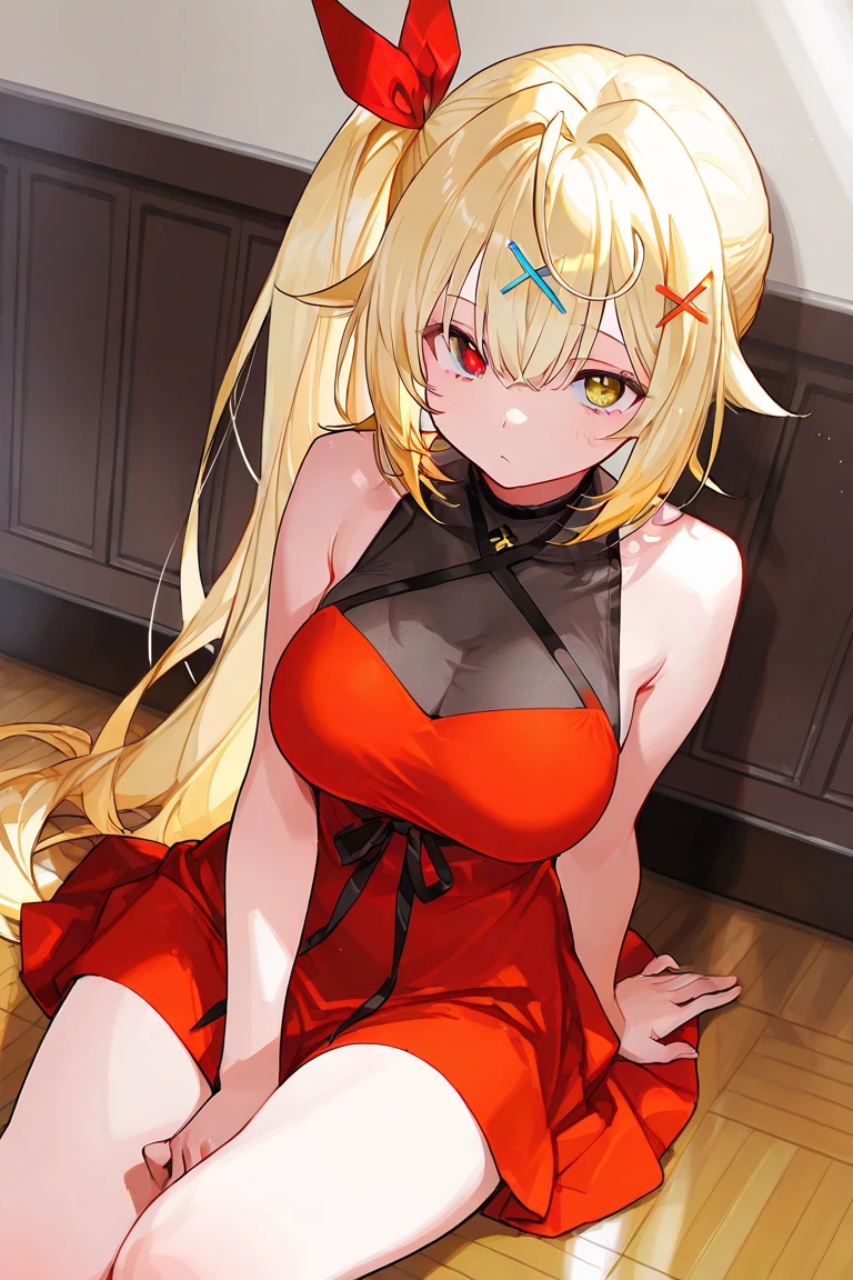 (masterpiece, best quality), 1girl, blonde hair, red dress, pantyhose, cute face, blush,