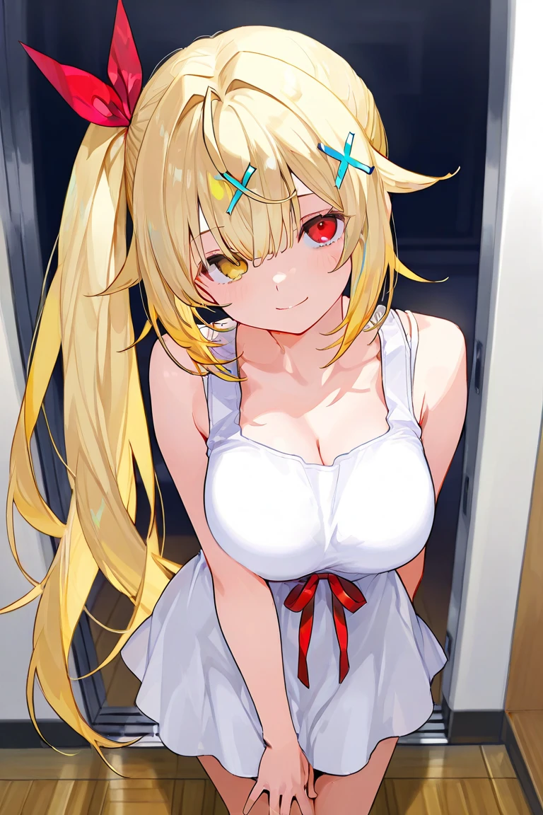 RED_Ribbon_on_HAIR_band,warm light, from below, upper body, ((cute girl, baby face, slender, Blonde hair, red eyes)), cleavage, collarbone, large breast, naked_overalls, no expression, half closed eyes, hands between legs