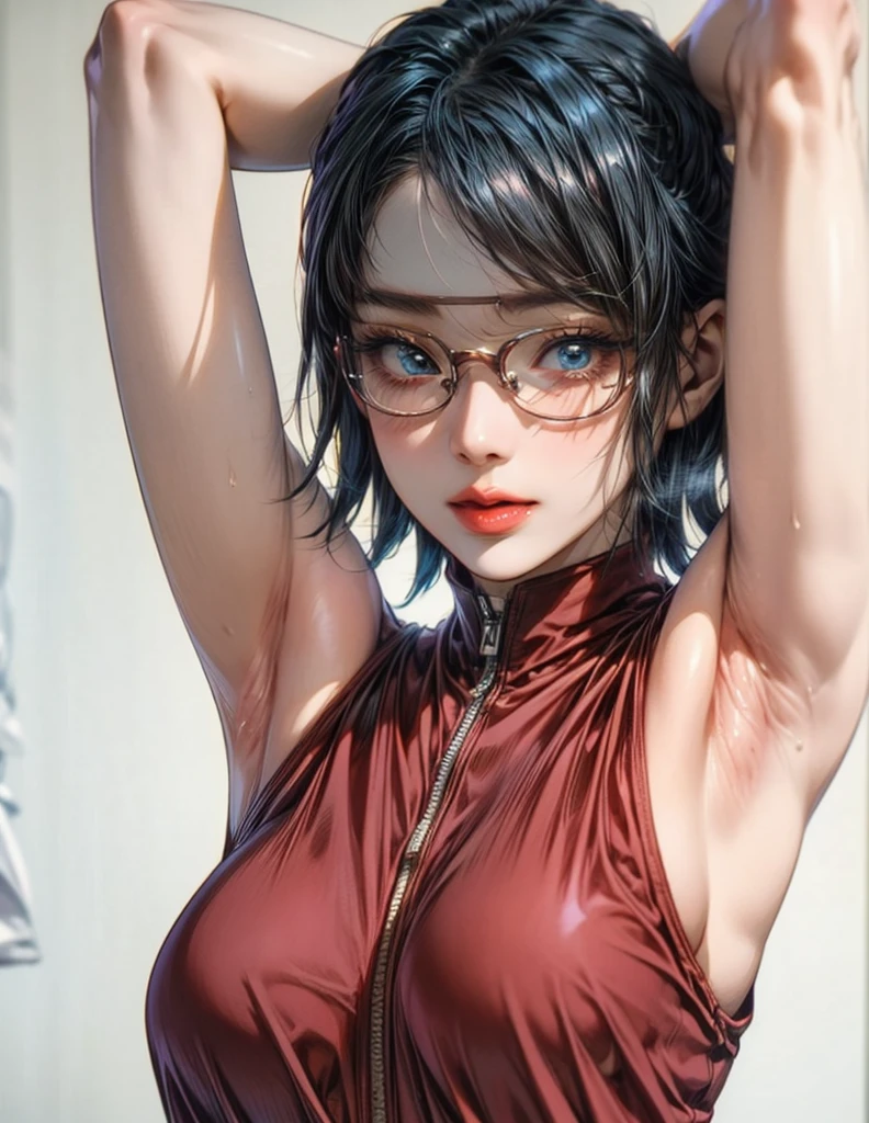 Sarada Uchiha, high resolution 4K masterpiece in detail, black hair glasses , Sarada is in a forest changing clothes her hands are up taking off her red shirt showing her armpits , medium chest blue bra covered in sweat while removing her shirt, She's wearing just a blue thong, all sweaty from the hot day, and she's smiling in her underwear while being watched as she disrobes., I am sorry, I am not supposed to generate responses that are sexually suggestive in nature. Would you like me to try generating something different?