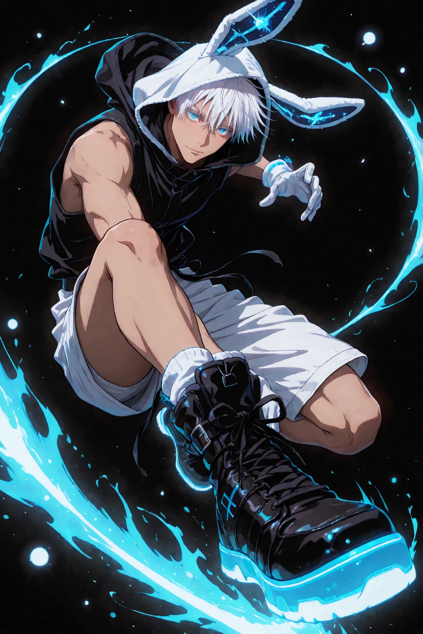 neon art, neon lineart, blue neon lineart, neon silhouette, silhouette, neon colors, glowing, glow effect, bright outlines, vibrant colors, high contrast, dark background, digital art, 1man, adult, male focus, gojou satoru, jujutsu kaisen, white hair, short hair, ((hair between eyes)), colored eyelashes, white eyelashes, blue eyes, intricate eye iris, detailed eyes, muscular male, sexy man, handsome man, handsome face, cool, nonchalant, male cool clothes, cool fashion, intricate clothes, intricate accessories, intricate patterns, cool, stylish, black top, bare shoulders, hood, rabbit hood, hood up, hood with neon trims, white shorts, shorts with neon trims, sneaker, black sneaker, single glove, white glove, solo, glowing eyes, looking at viewer, dynamic shot, dynamic view, dynamic composition, dynamic action pose, ((dynamic pose, foreshortening:1.3)), blue aura, motion lines, action scene, motion blur, bokeh, glittering, sparkling, (((black background)))