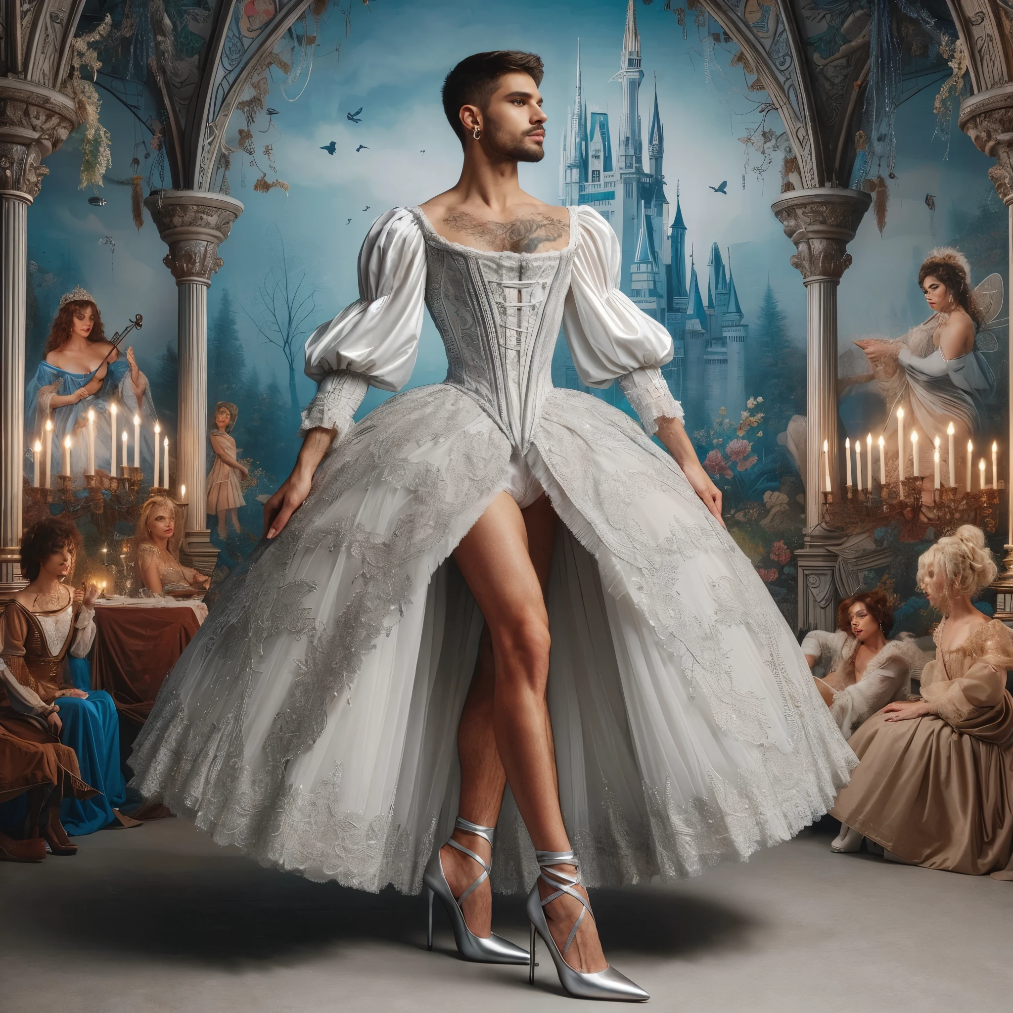 A masculine muscular hunk man with very short hair, lingerie, gaff, black nylon stockings with lace top, padded bra, extreme black stiletto high heels and with metal heels and pointy toes garterbelt, with makeup, fake nails and fake eyelashes, long earrings, bra,